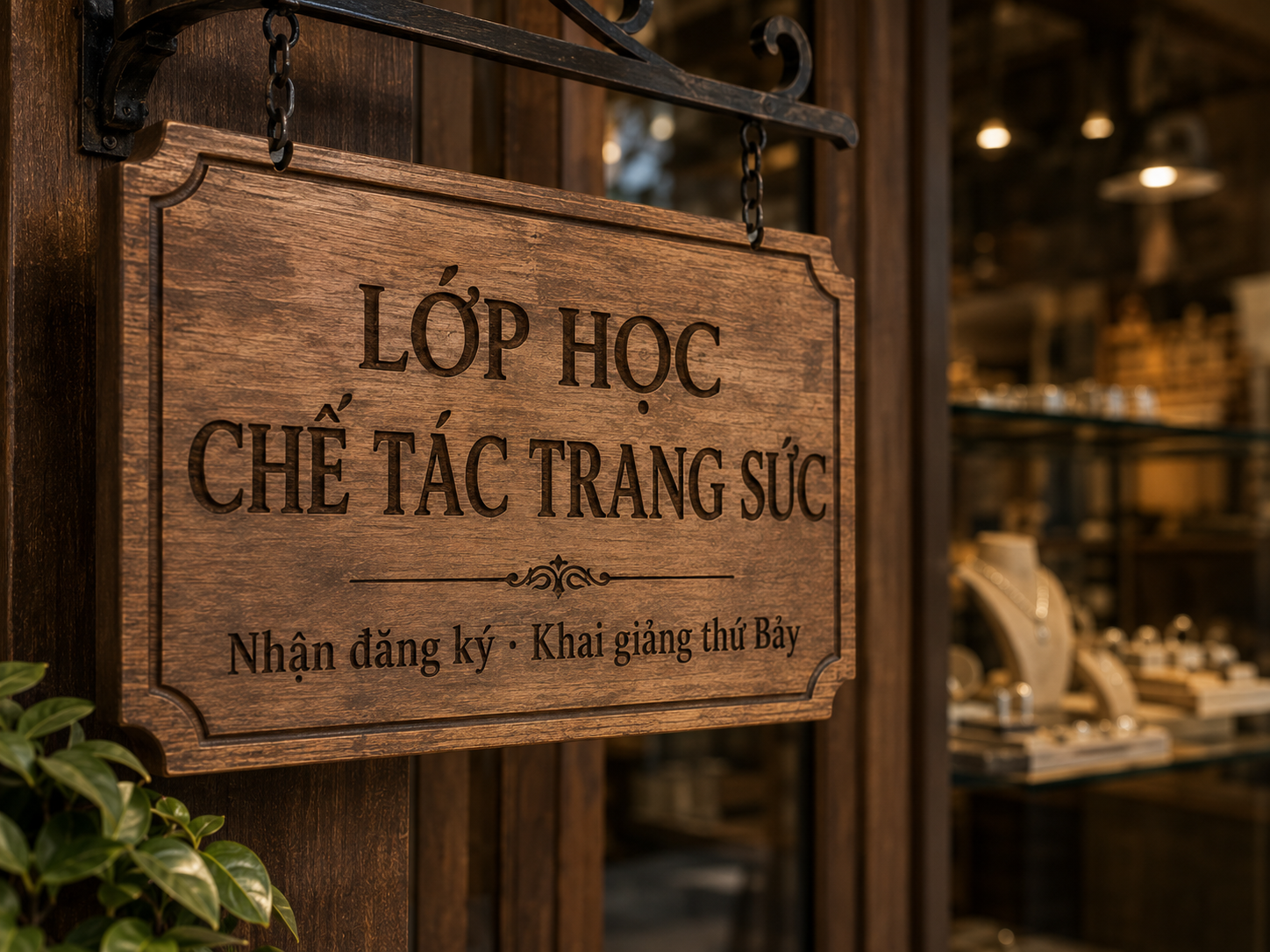 Bảng hiệu gỗ trước cửa xưởng với dòng chữ tiếng Việt giới thiệu lớp học chế tác trang sức
